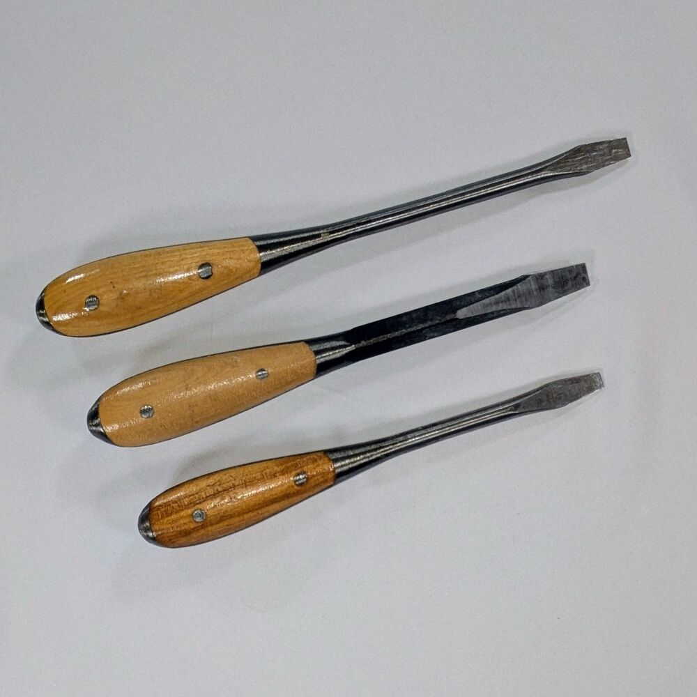 3 Vintage Wood Handle Type Screwdrivers 8.5” 9” And 11" Nice Condition